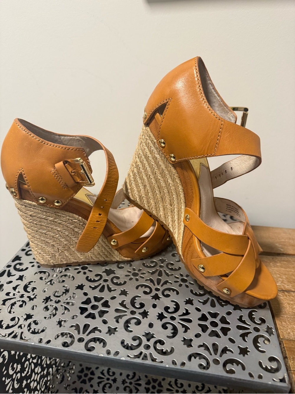 Michael Kors Cognac Leather Espadrille Wedge Sandals